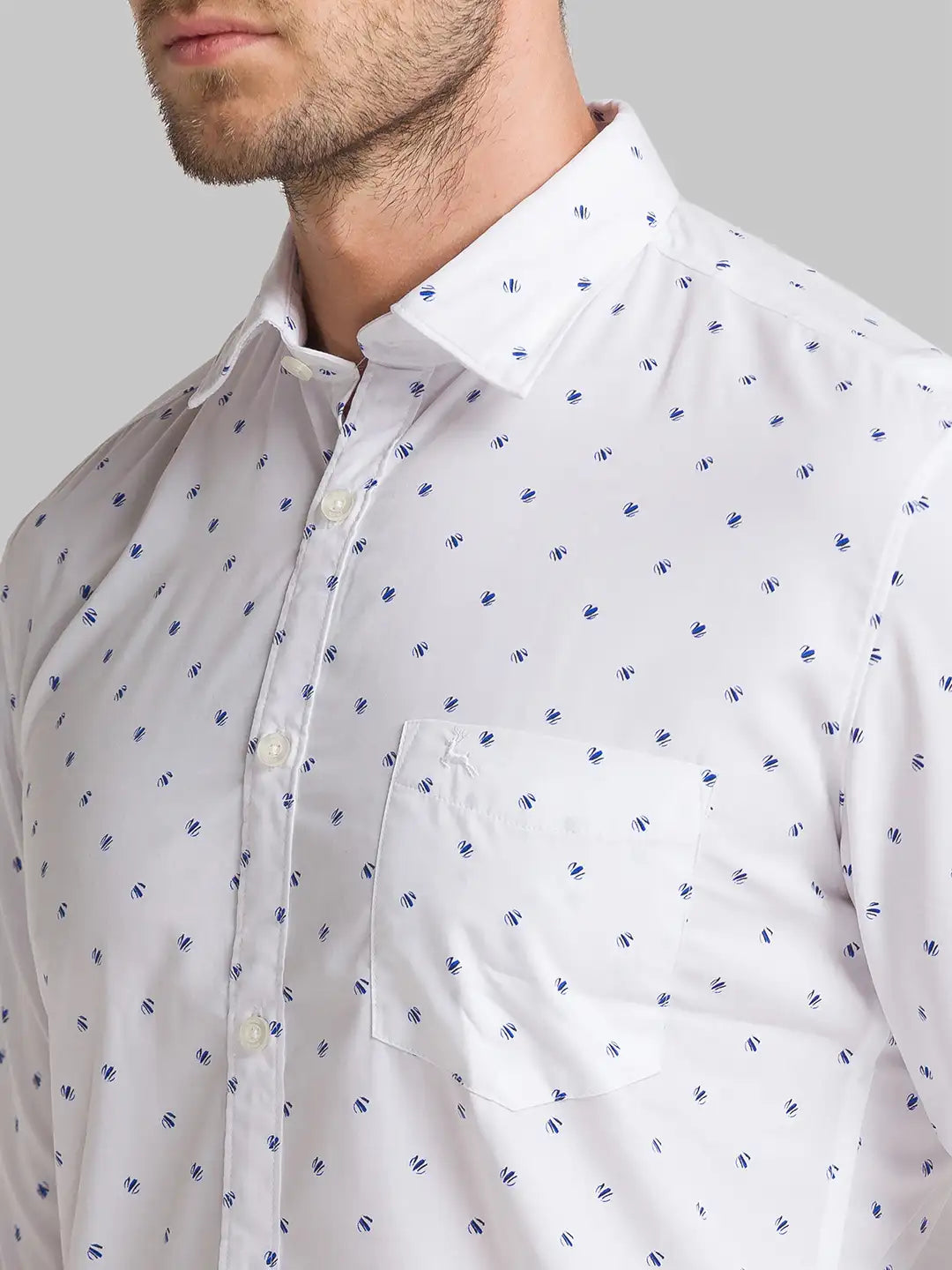 Men White Slim Fit Print Polyester Blend Full Sleeve Shirts