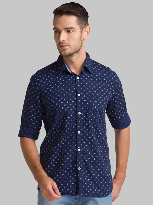 Men Blue Slim Fit Print Cotton Full Sleeve Shirts