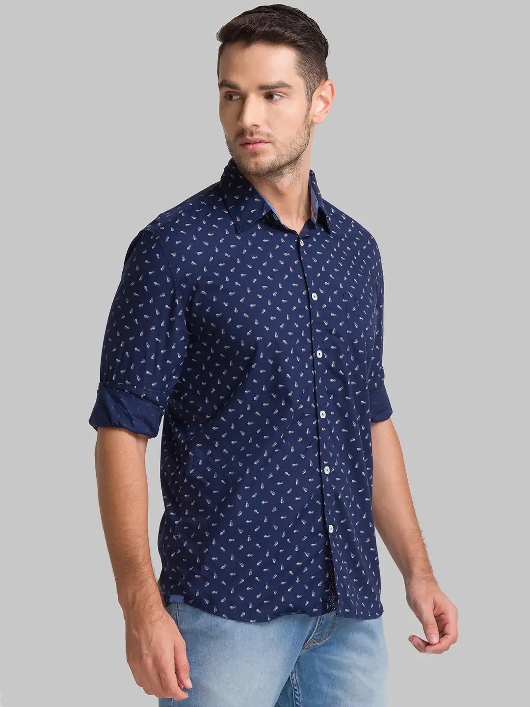 Men Blue Slim Fit Print Cotton Full Sleeve Shirts