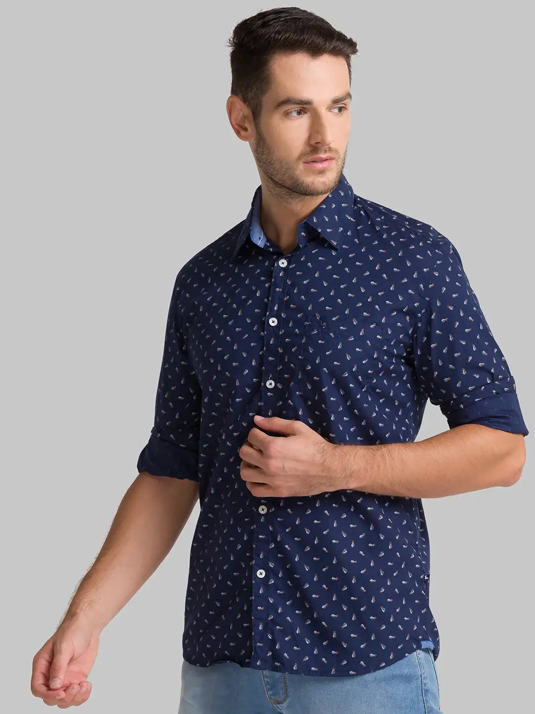 Men Blue Slim Fit Print Cotton Full Sleeve Shirts