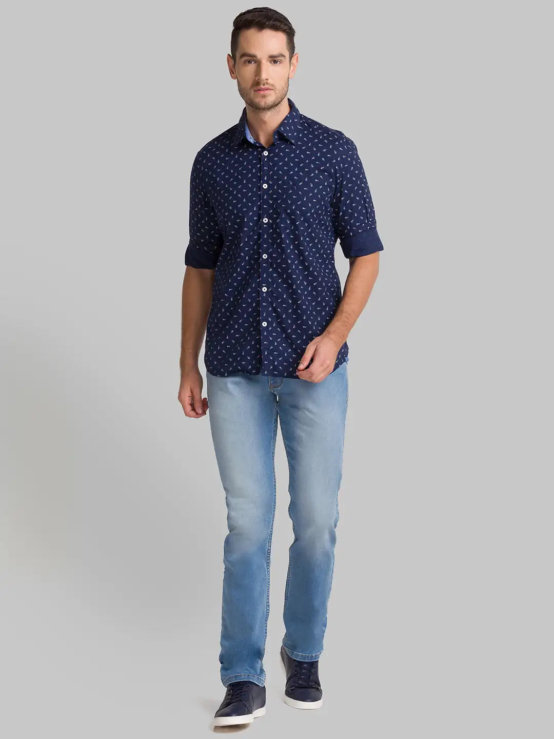 Men Blue Slim Fit Print Cotton Full Sleeve Shirts