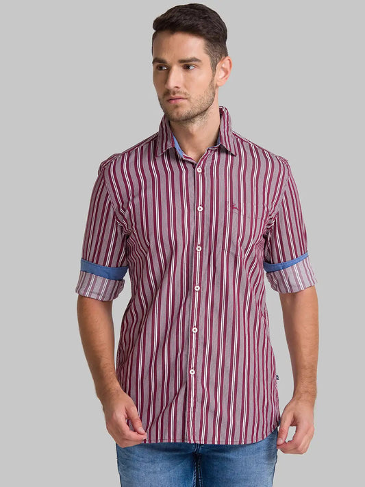 Men Red Slim Fit Stripe Cotton Full Sleeve Shirts