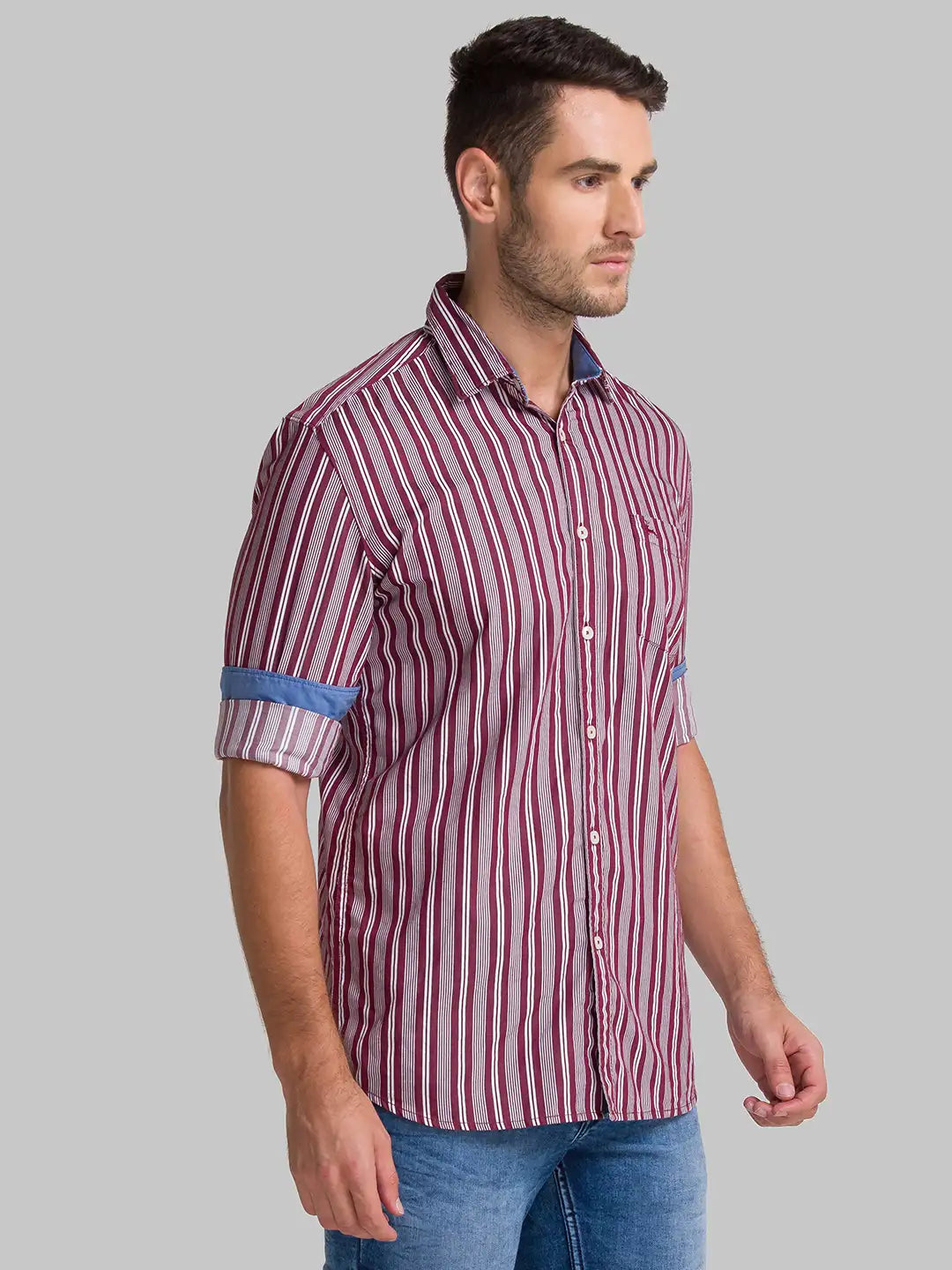Men Red Slim Fit Stripe Cotton Full Sleeve Shirts