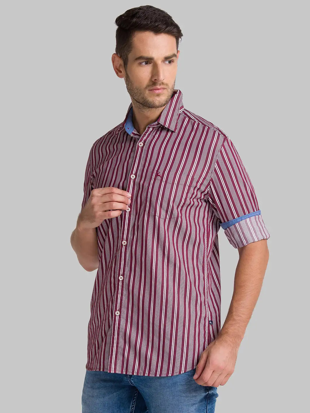 Men Red Slim Fit Stripe Cotton Full Sleeve Shirts