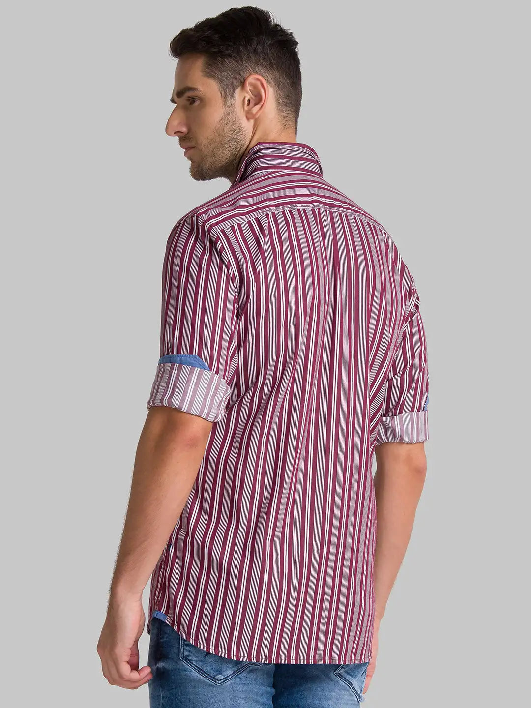 Men Red Slim Fit Stripe Cotton Full Sleeve Shirts