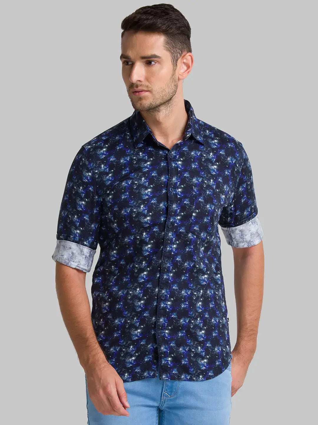 Men Blue Slim Fit Print Cotton Full Sleeve Shirts