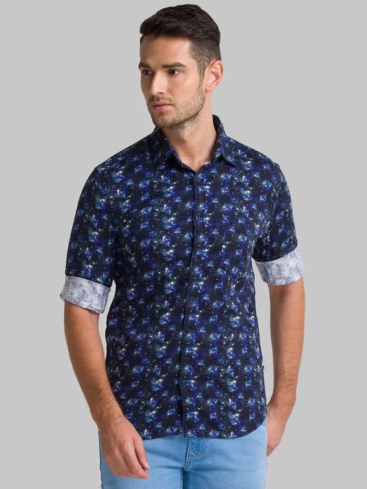 Men Blue Slim Fit Print Cotton Full Sleeve Shirts