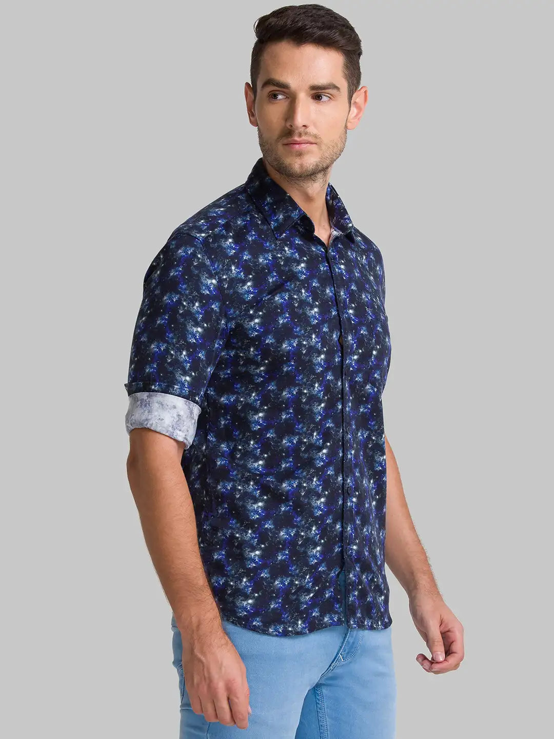 Men Blue Slim Fit Print Cotton Full Sleeve Shirts