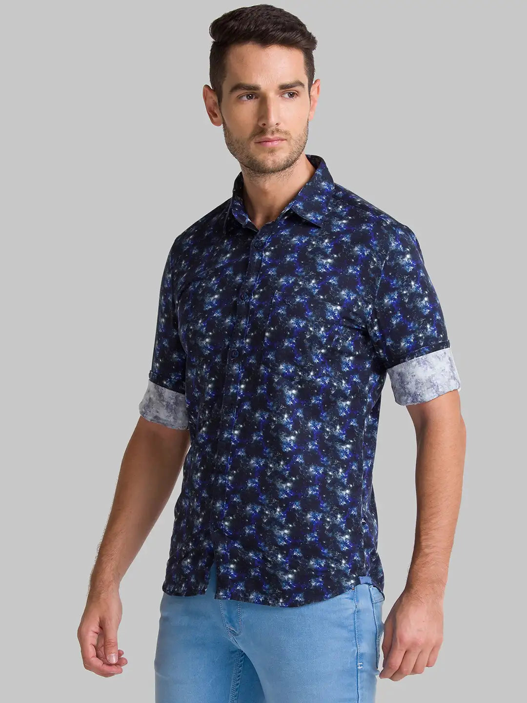 Men Blue Slim Fit Print Cotton Full Sleeve Shirts