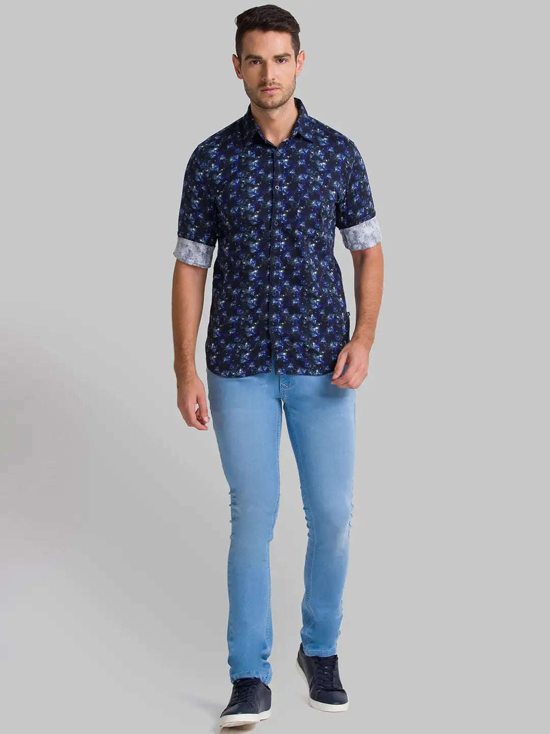 Men Blue Slim Fit Print Cotton Full Sleeve Shirts