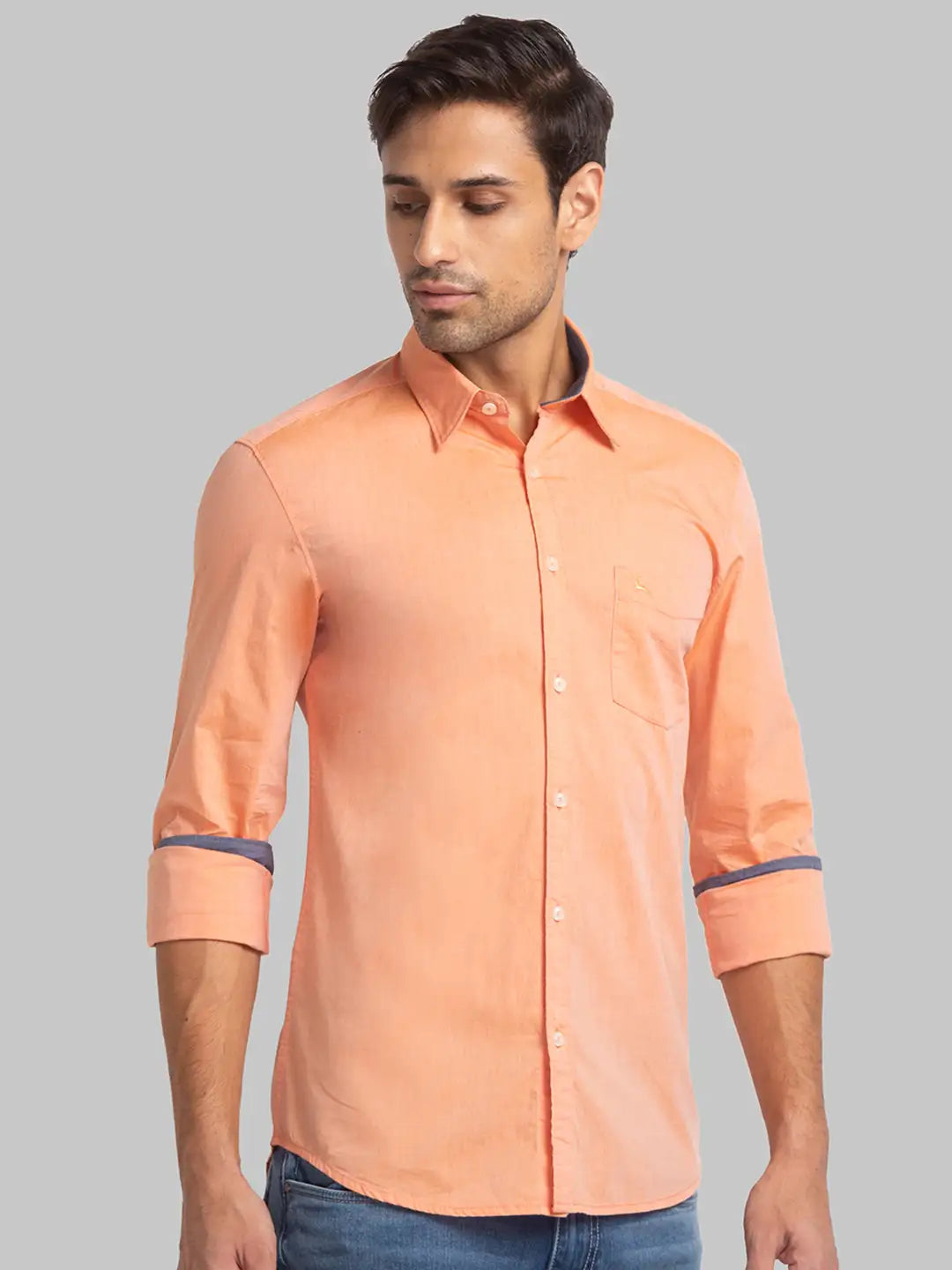 Men Orange Slim Fit Solid Cotton Full Sleeve Shirts