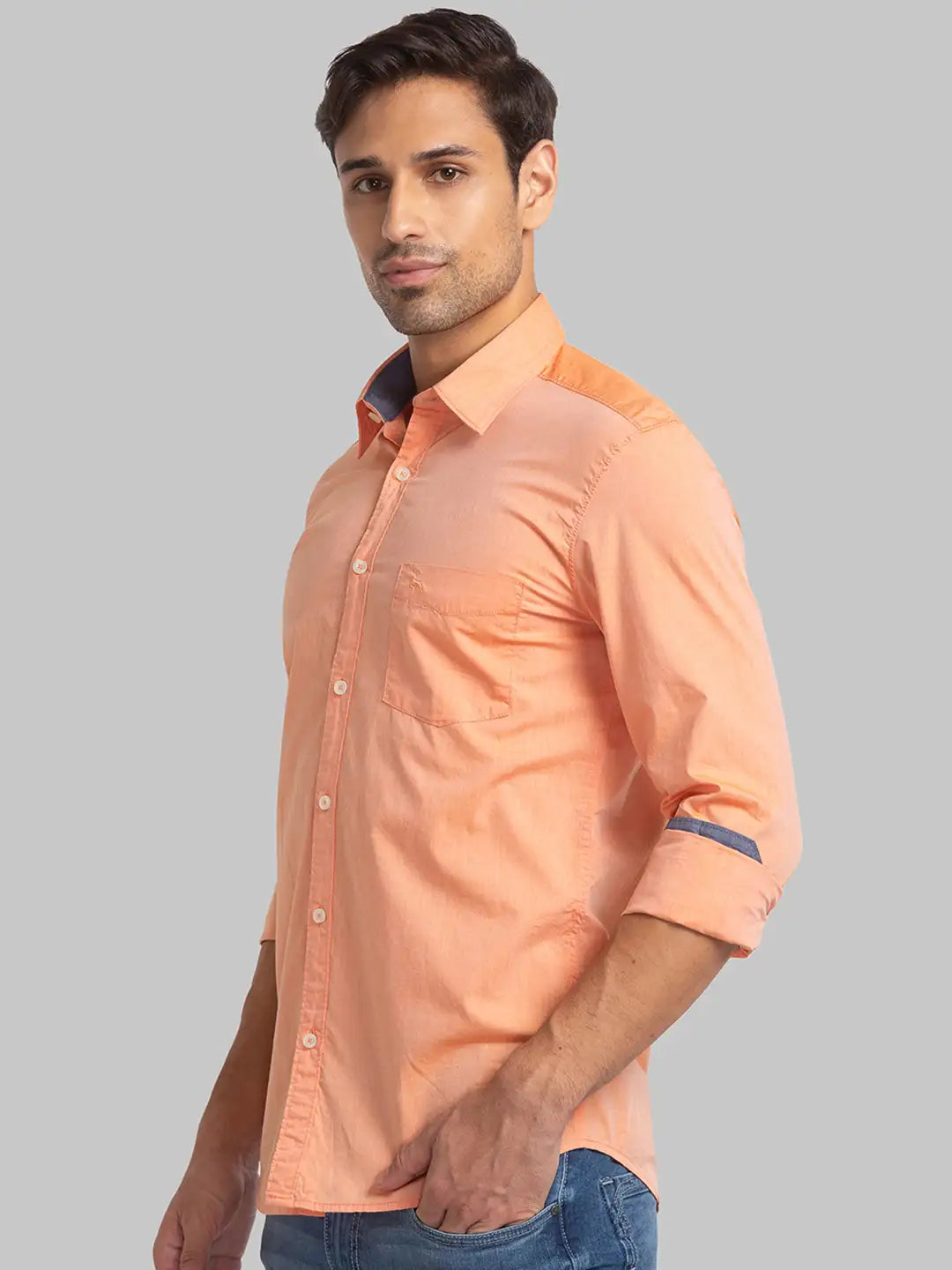 Men Orange Slim Fit Solid Cotton Full Sleeve Shirts