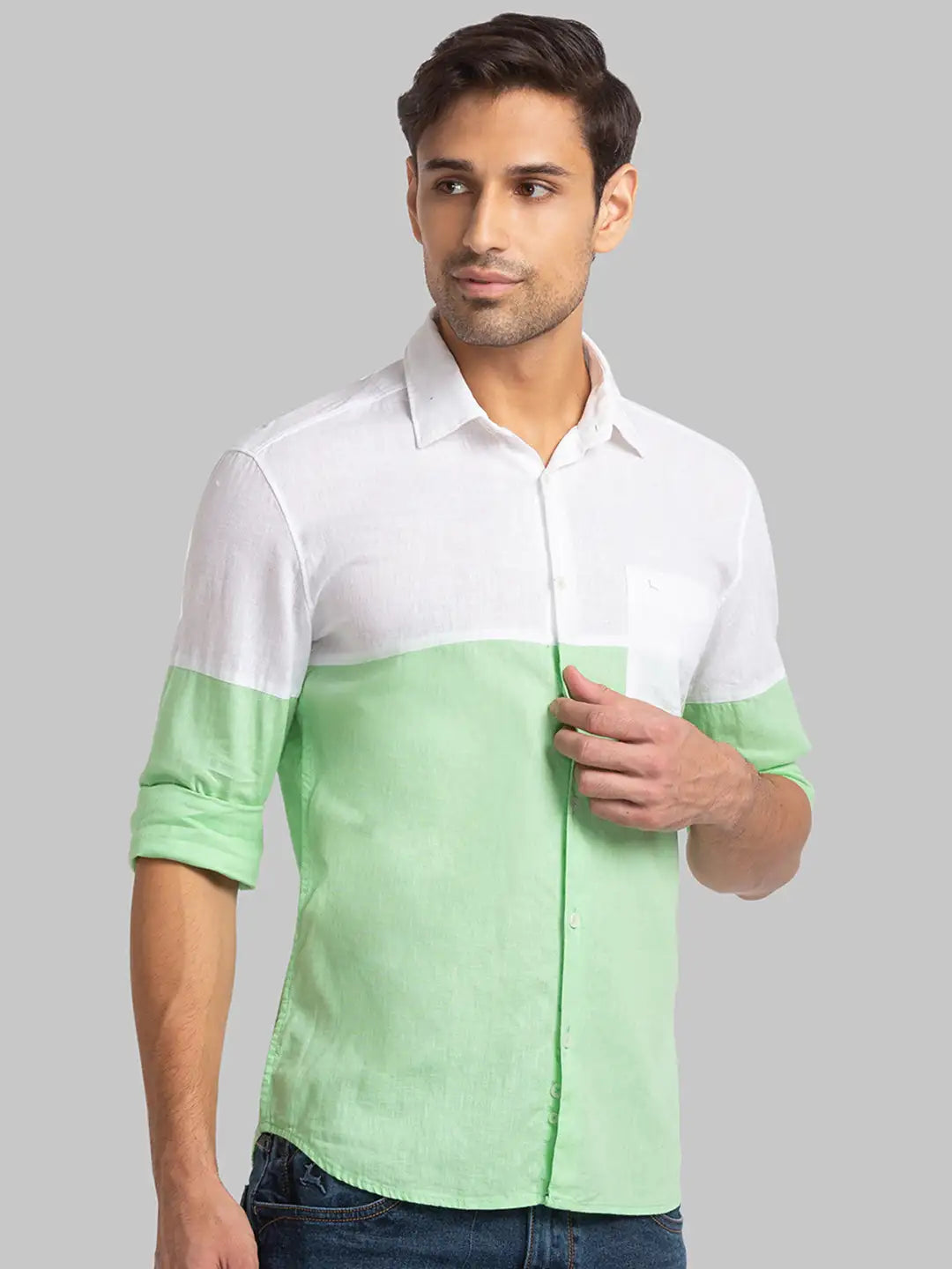 Men Green Slim Fit Solid Cotton Blend Full Sleeve Shirts