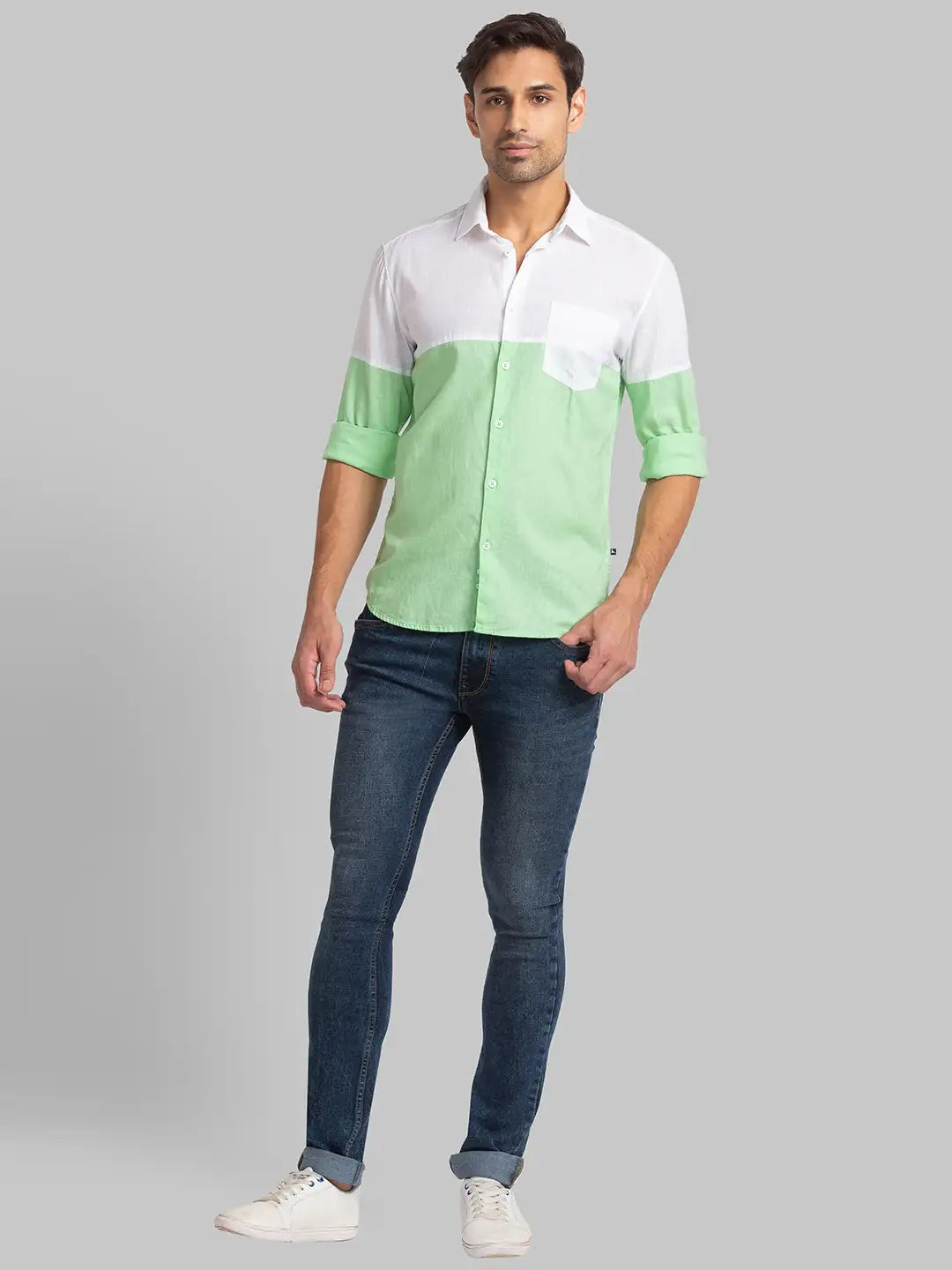 Men Green Slim Fit Solid Cotton Blend Full Sleeve Shirts