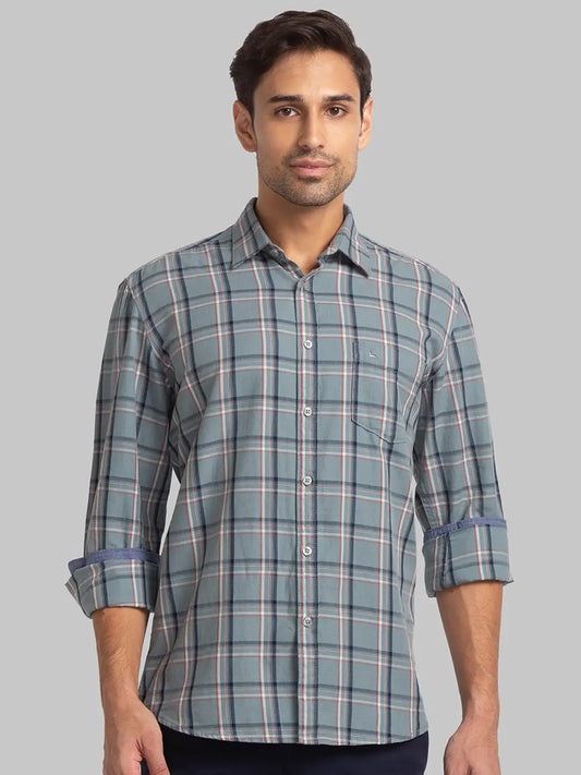 Men Grey Slim Fit Checks Cotton Full Sleeve Shirts
