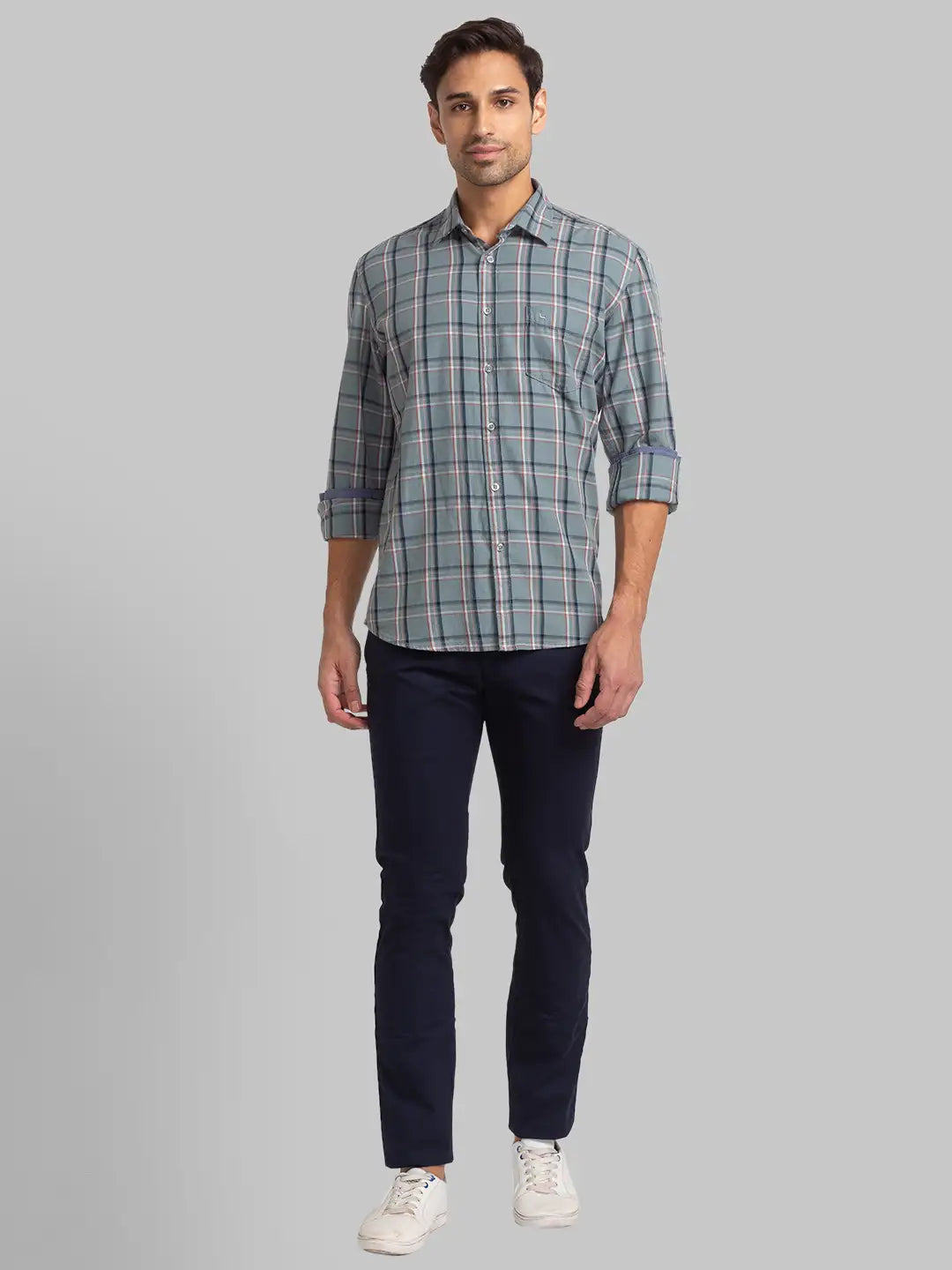 Men Grey Slim Fit Checks Cotton Full Sleeve Shirts