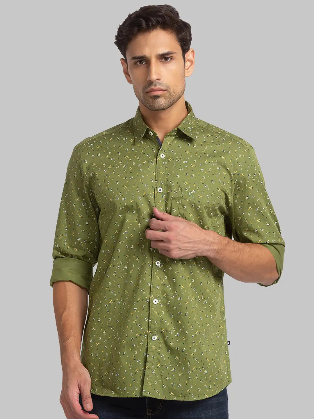 Men Green Slim Fit Print Cotton Full Sleeve Shirts