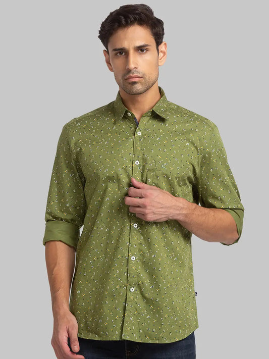 Men Green Slim Fit Print Cotton Full Sleeve Shirts