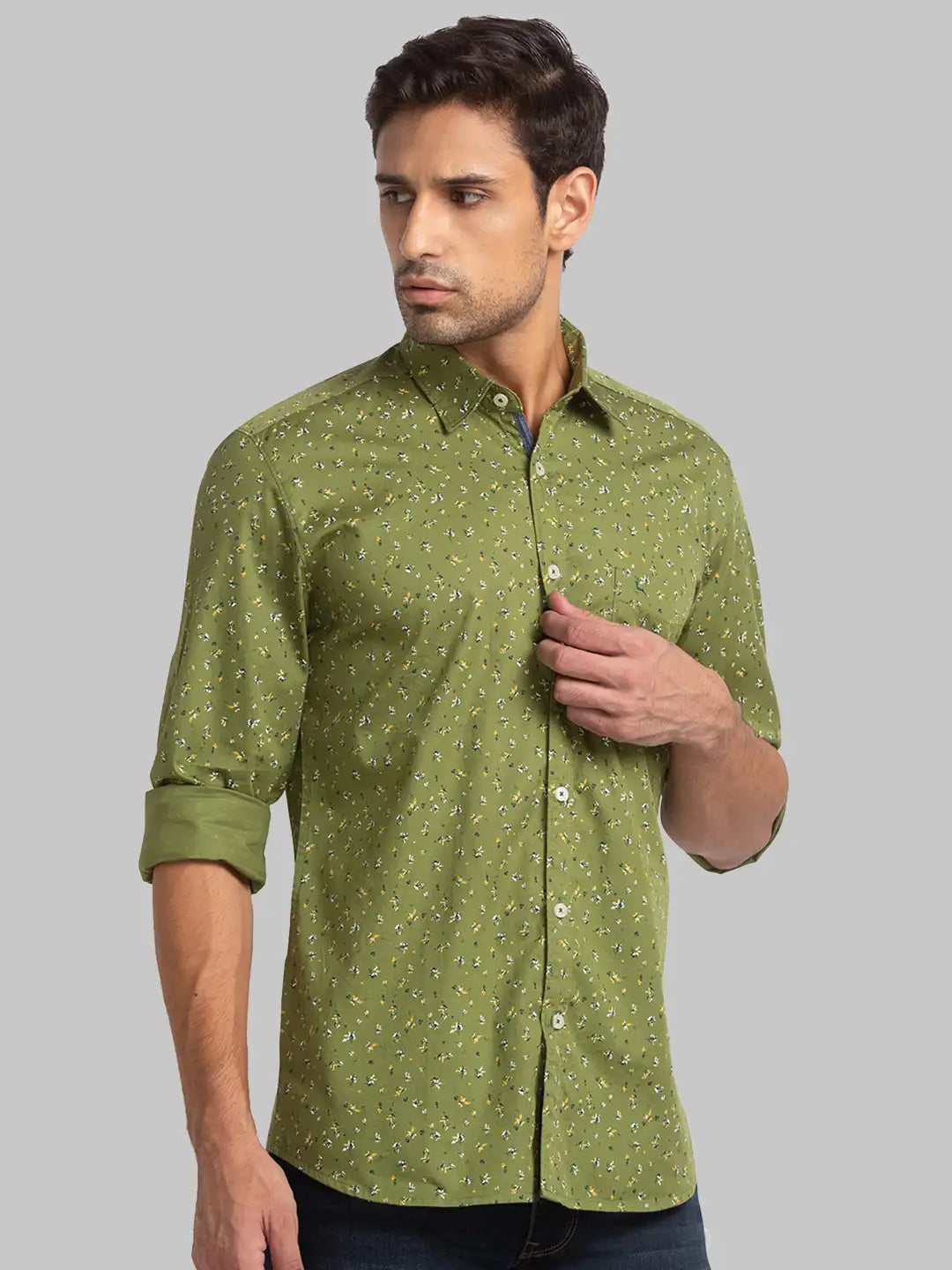 Men Green Slim Fit Print Cotton Full Sleeve Shirts