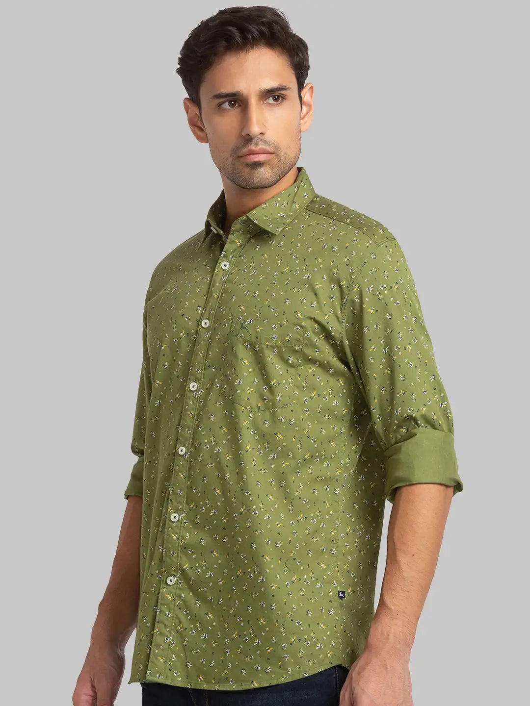 Men Green Slim Fit Print Cotton Full Sleeve Shirts