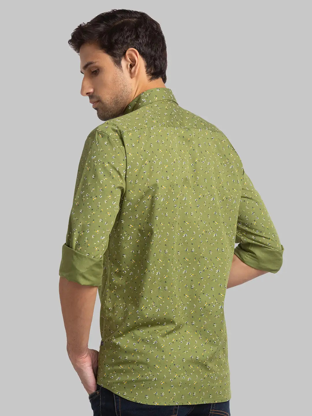 Men Green Slim Fit Print Cotton Full Sleeve Shirts
