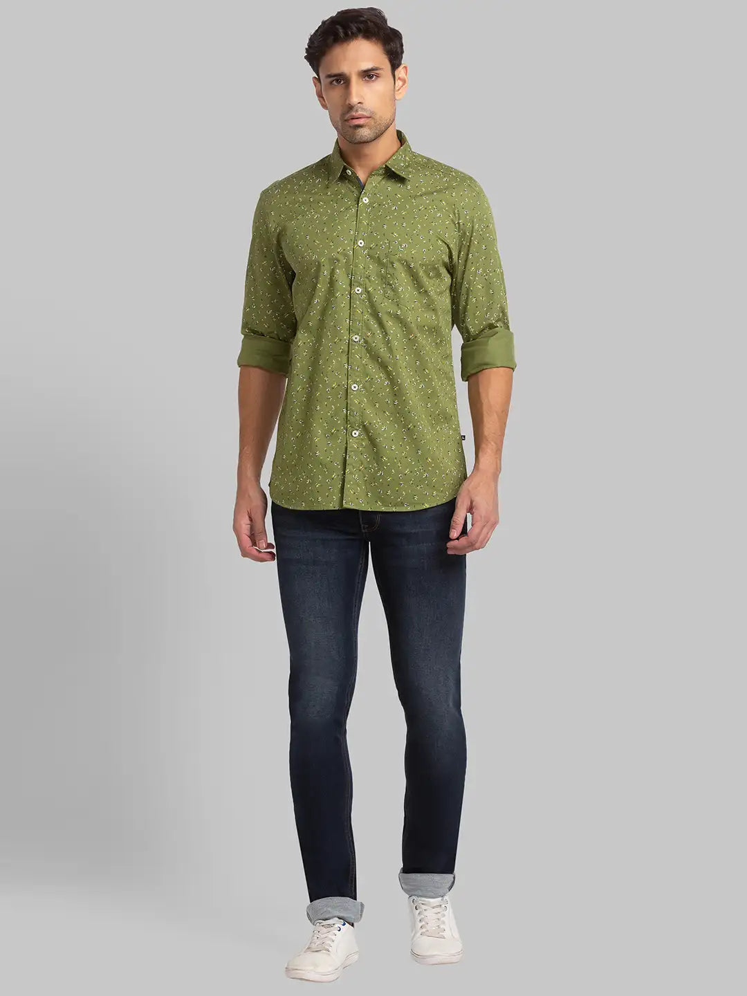 Men Green Slim Fit Print Cotton Full Sleeve Shirts