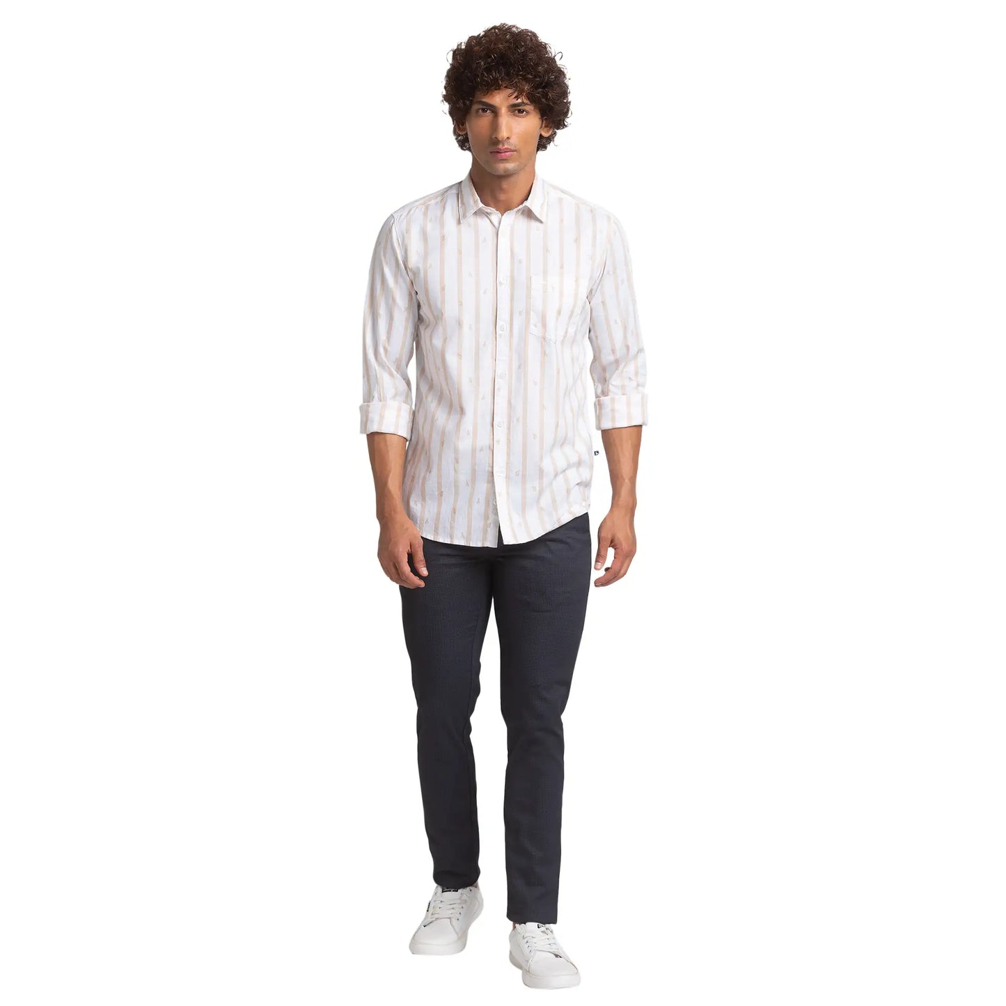 Men White Slim Fit Print Cotton Full Sleeve Shirts