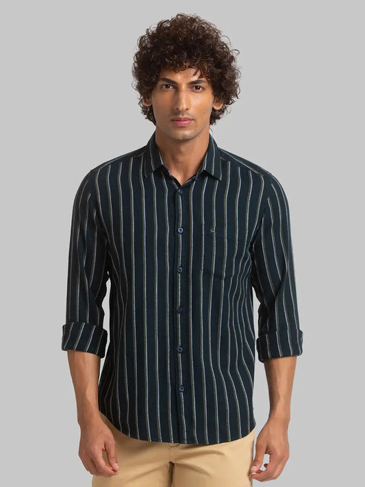 Men Green Slim Fit Stripe Cotton Full Sleeve Shirts
