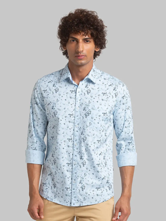 Parx Men Blue Printed Slim Fit Cotton Full Sleeve Cut Away Collar Shirt