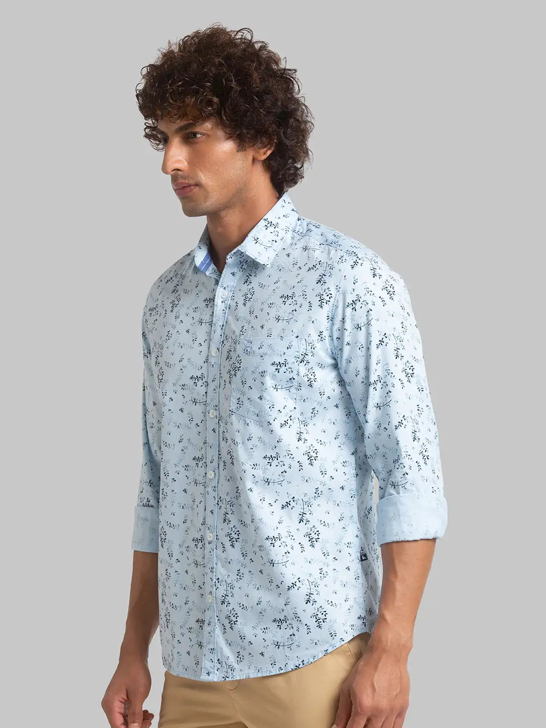 Parx Men Blue Printed Slim Fit Cotton Full Sleeve Cut Away Collar Shirt