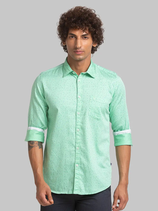 Parx Men Green Print Slim Fit Cotton Full Sleeve Cutaway Collar Shirt