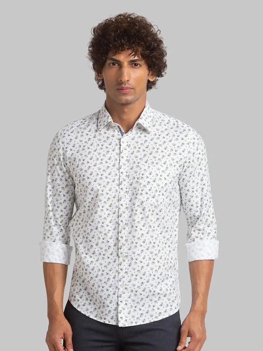Men White Slim Fit Print Cotton Full Sleeve Shirts