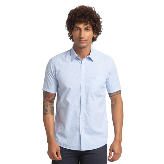 Men Blue Slim Fit Print Cotton Half Sleeve Shirts