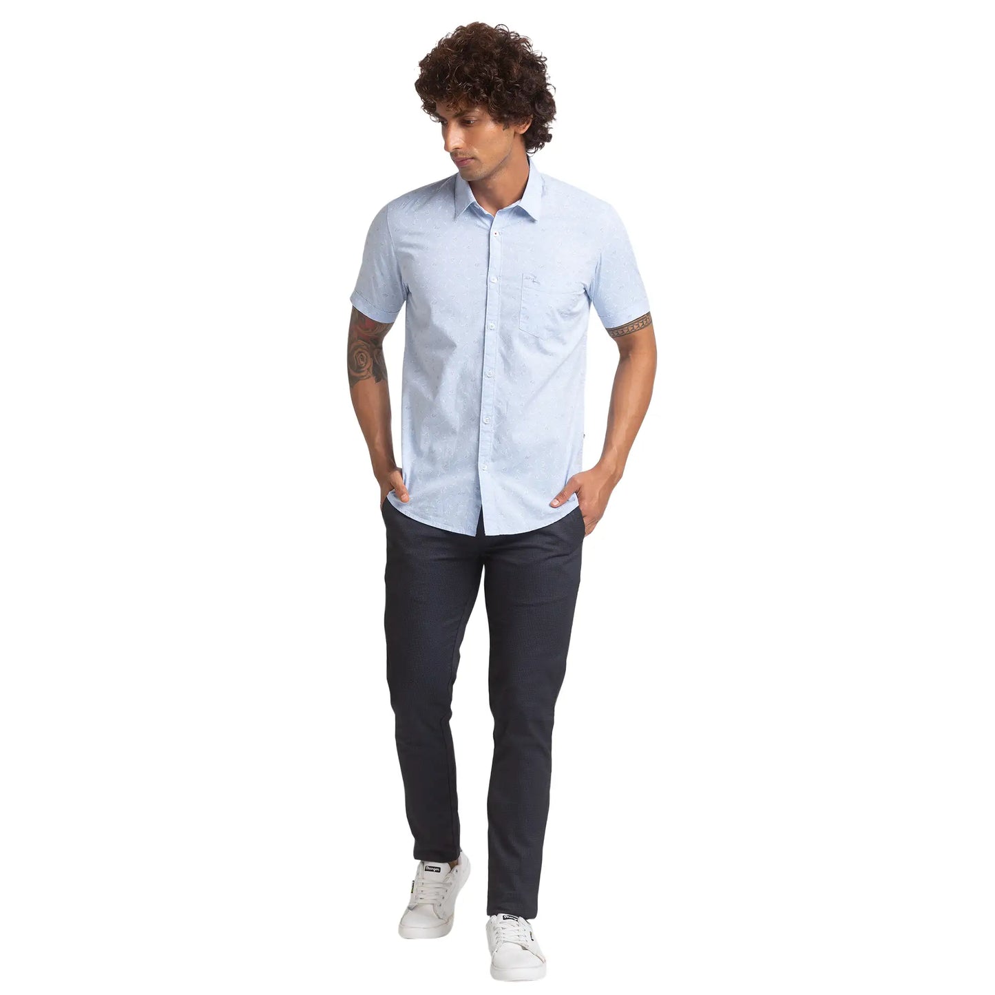 Men Blue Slim Fit Print Cotton Half Sleeve Shirts