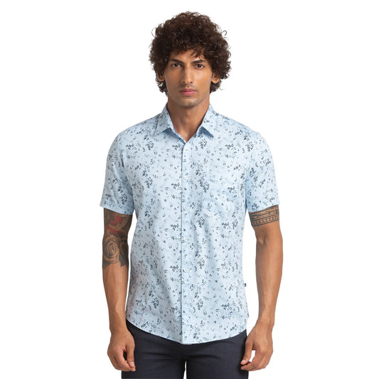Men Blue Slim Fit Print Cotton Half Sleeve Shirts