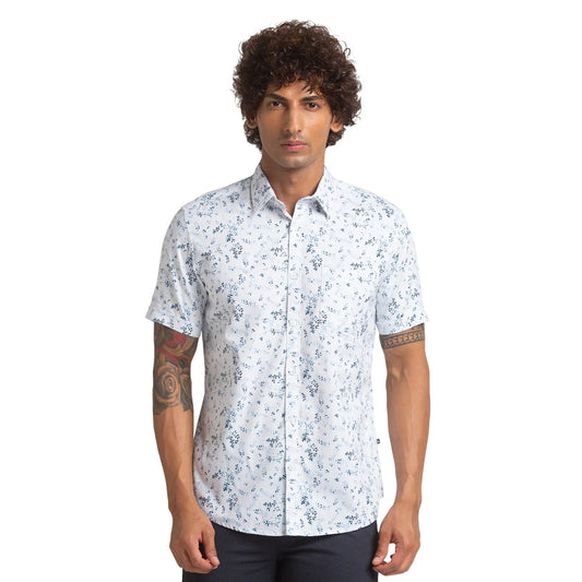 Men White Slim Fit Print Cotton Half Sleeve Shirts