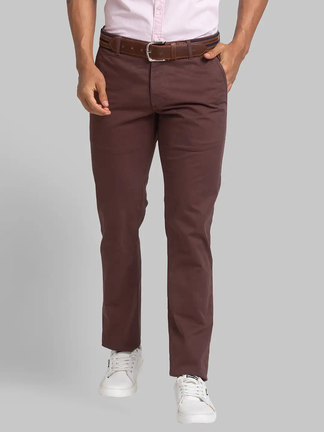 Men Brown Low Rise Tapered Fit Solid Cotton Blend Trouser
