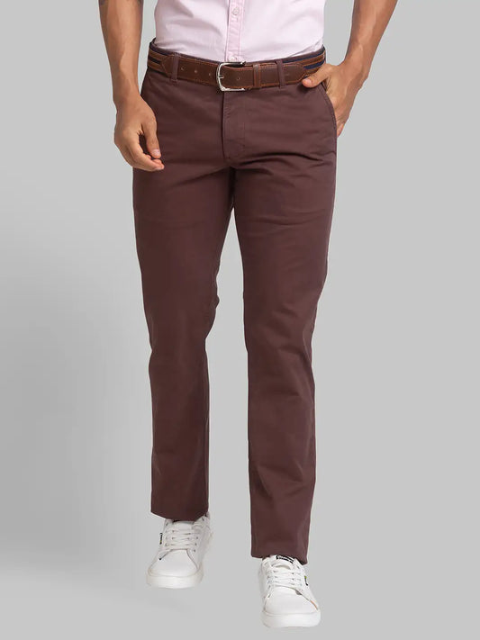 Men Brown Low Rise Tapered Fit Solid Cotton Blend Trouser