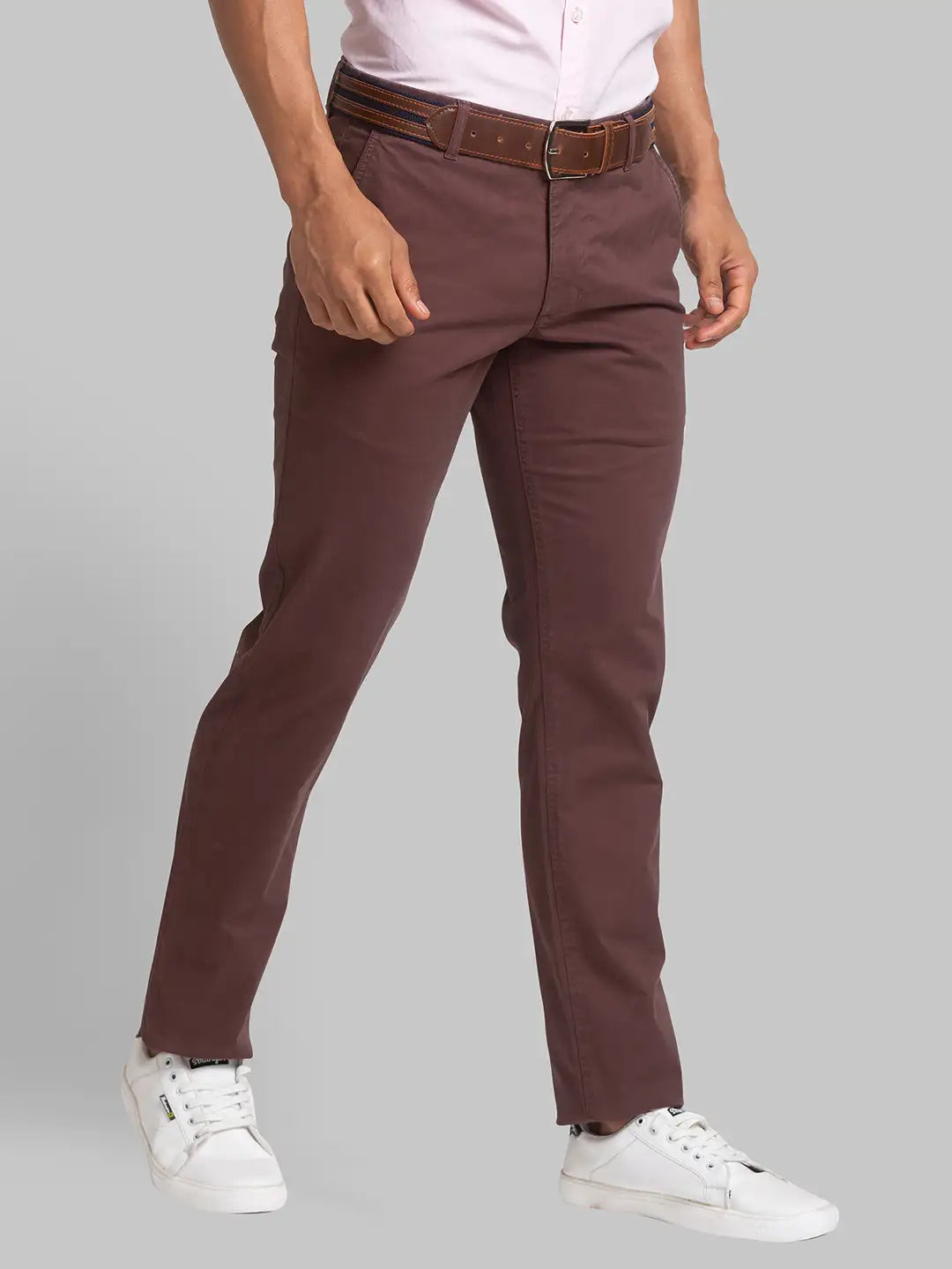 Men Brown Low Rise Tapered Fit Solid Cotton Blend Trouser