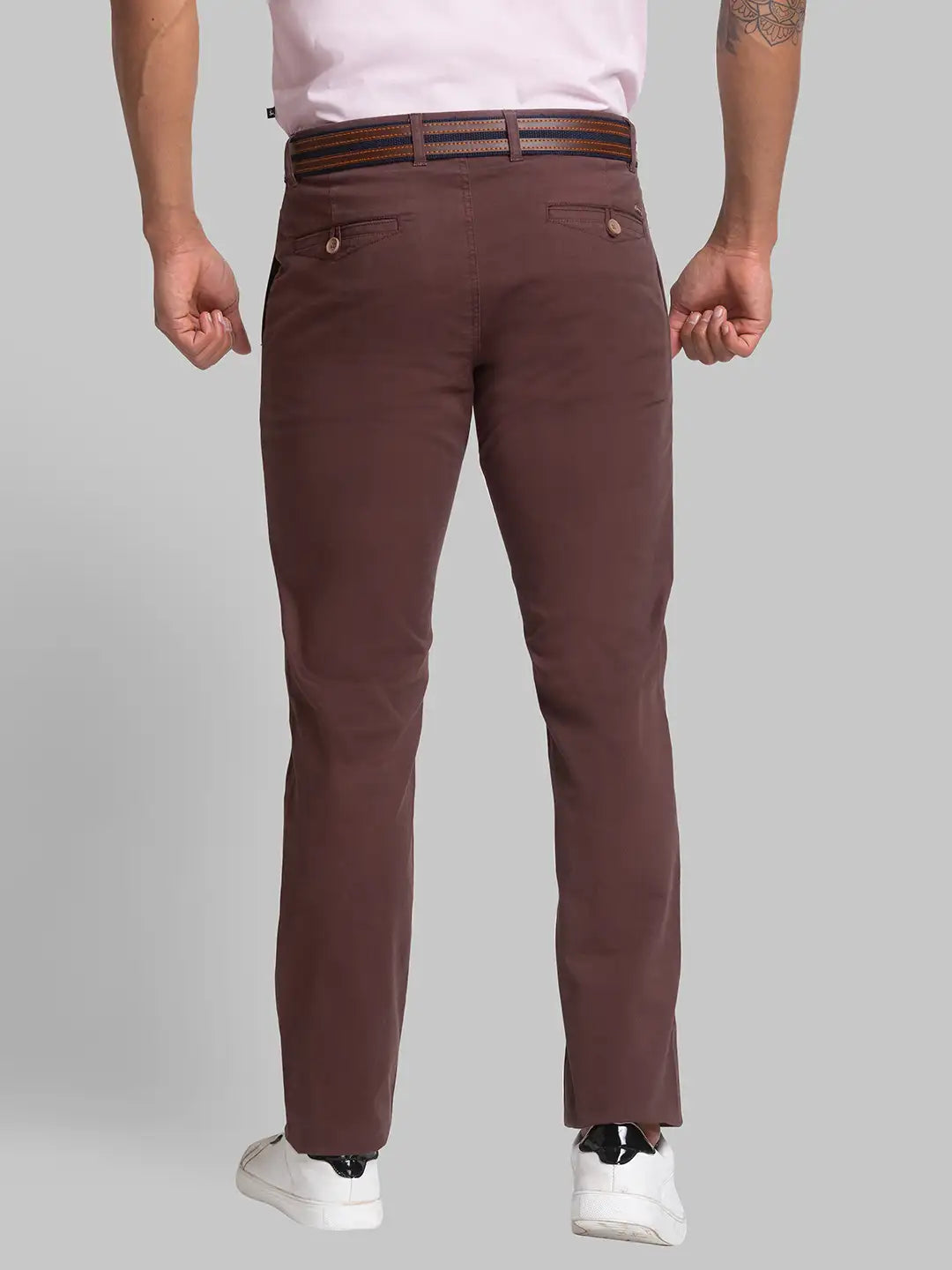 Men Brown Low Rise Tapered Fit Solid Cotton Blend Trouser