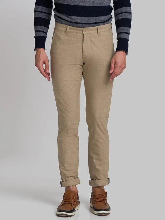 Men Khaki Lrt Fit Yarn Dyed Cotton Blend Trouser