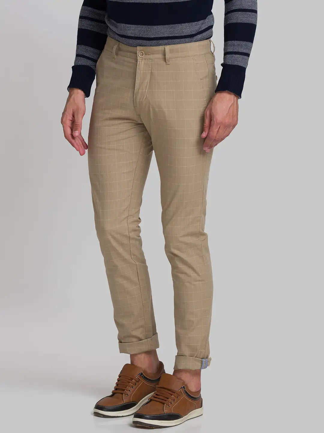 Men Khaki Lrt Fit Yarn Dyed Cotton Blend Trouser