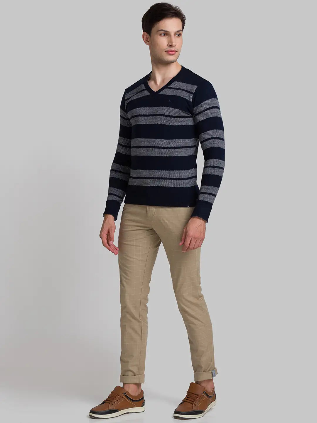 Men Khaki Lrt Fit Yarn Dyed Cotton Blend Trouser