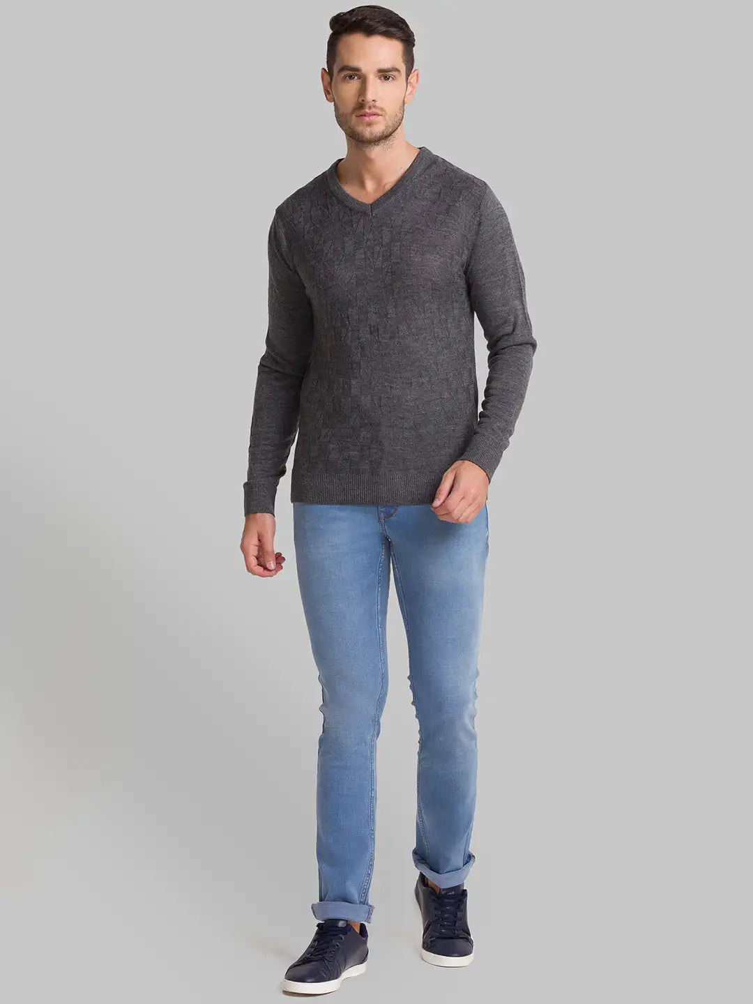 Men Grey Structure Acrylic Full Sleeve Sweaters