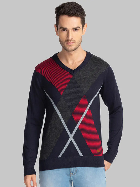 Men Blue Intarsia Acrylic Blend Full Sleeve Sweaters