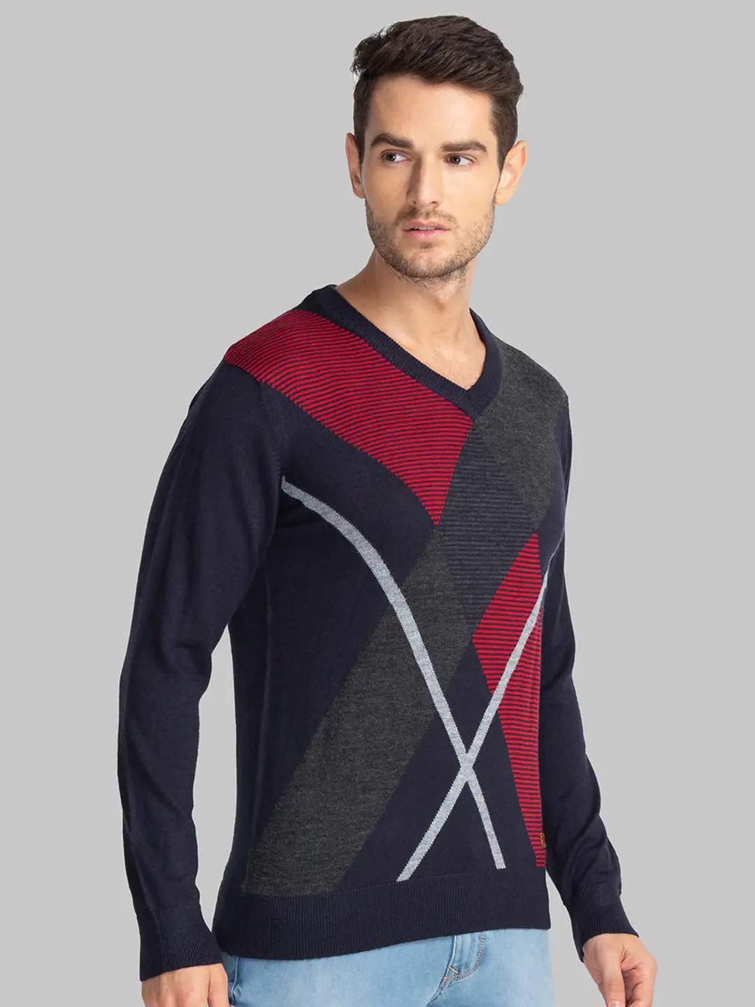 Men Blue Intarsia Acrylic Blend Full Sleeve Sweaters