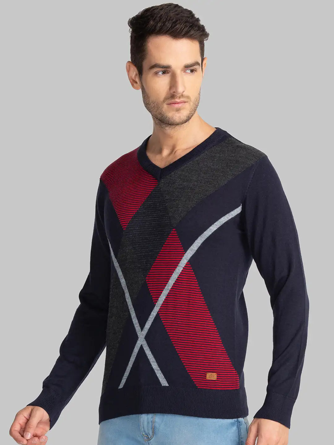 Men Blue Intarsia Acrylic Blend Full Sleeve Sweaters