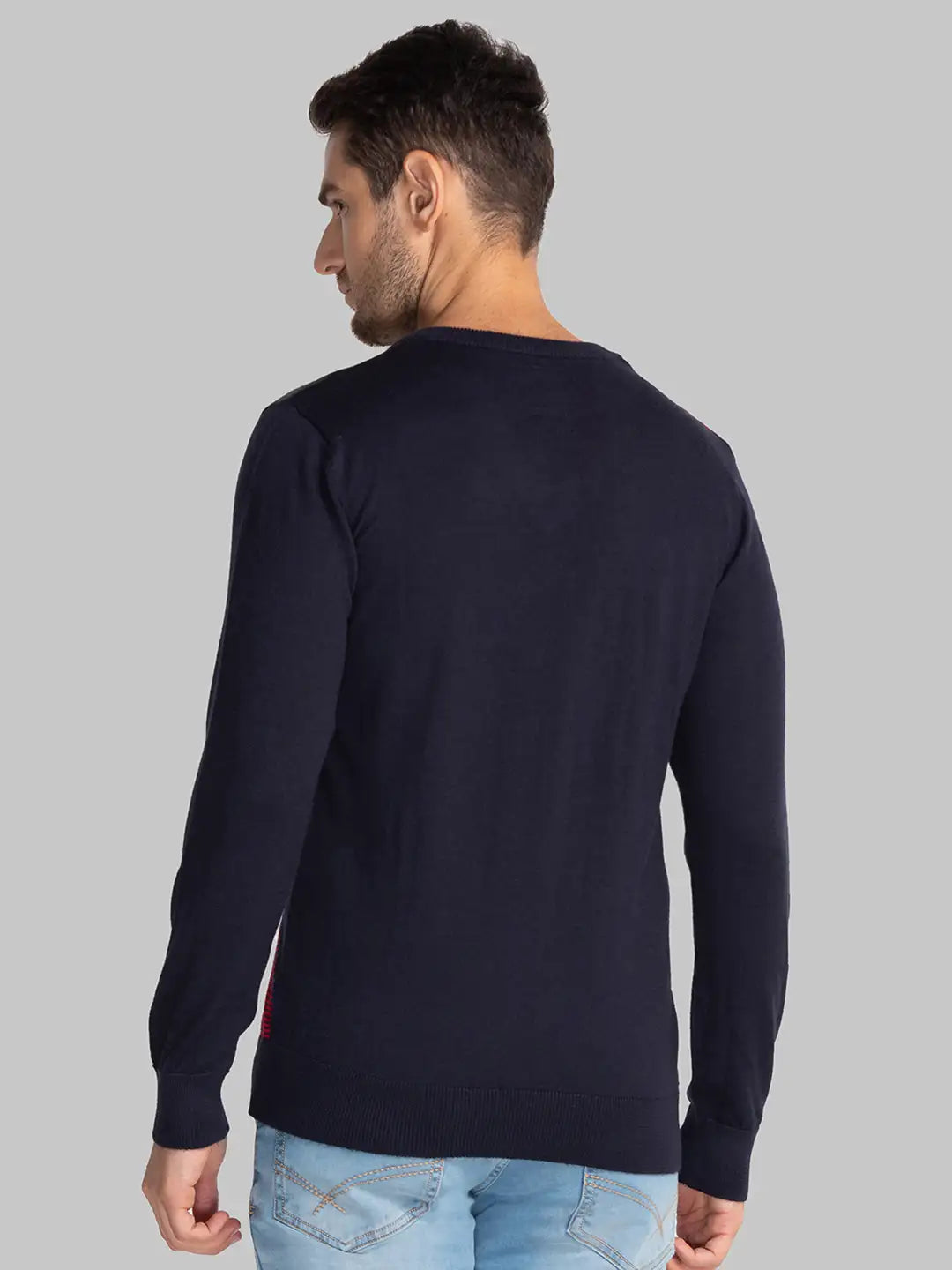 Men Blue Intarsia Acrylic Blend Full Sleeve Sweaters