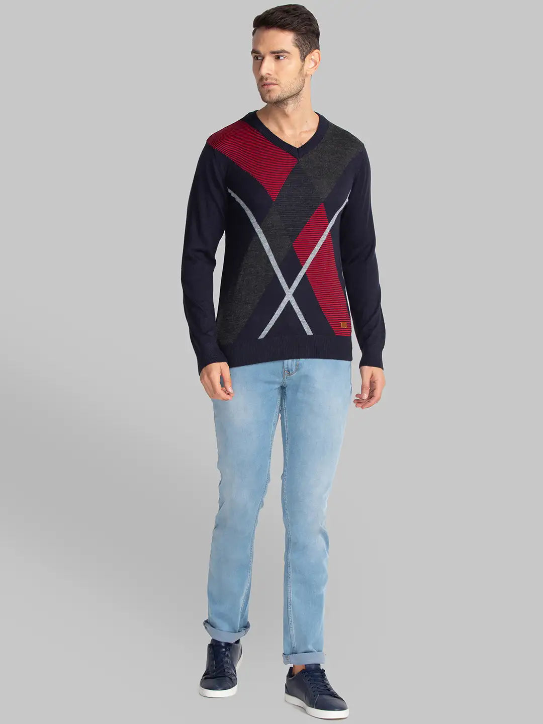 Men Blue Intarsia Acrylic Blend Full Sleeve Sweaters