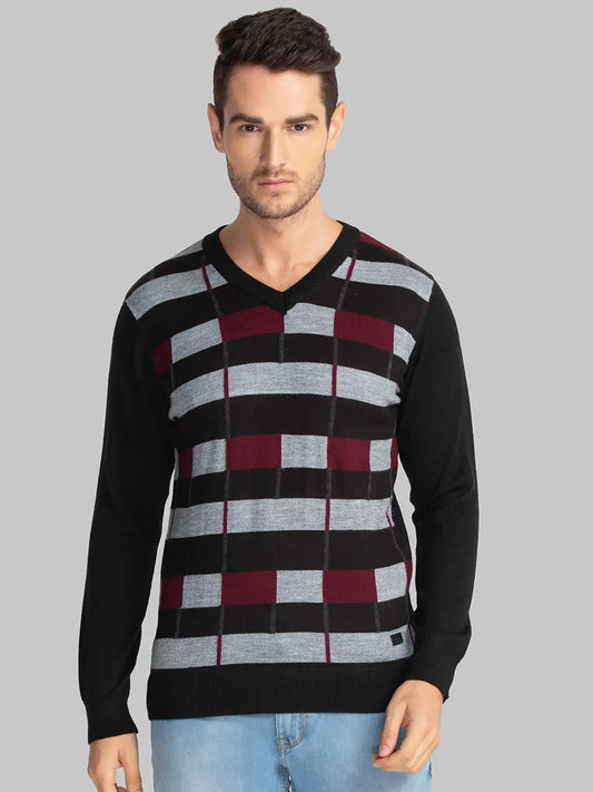 Men Black Intarsia Acrylic Blend Full Sleeve Sweaters